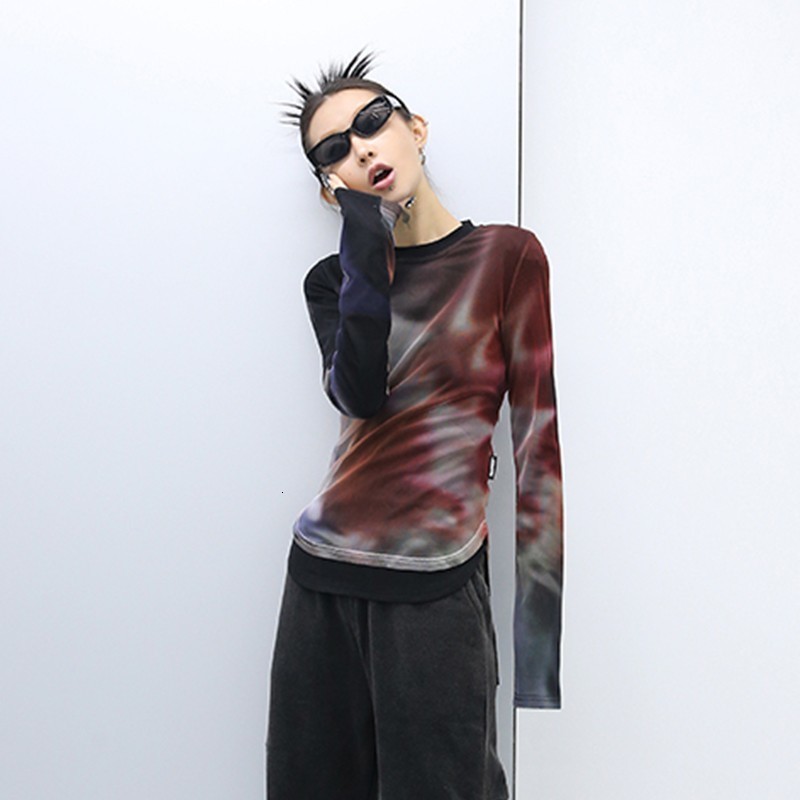 Women's T-Shirt Karrcat Cyber Y2k Mesh Tops Grunge Gradient Print T-shirt Irregular Tie Dye Chic T Shirt Korean Fashion Harajuku Streetwear 00s 2