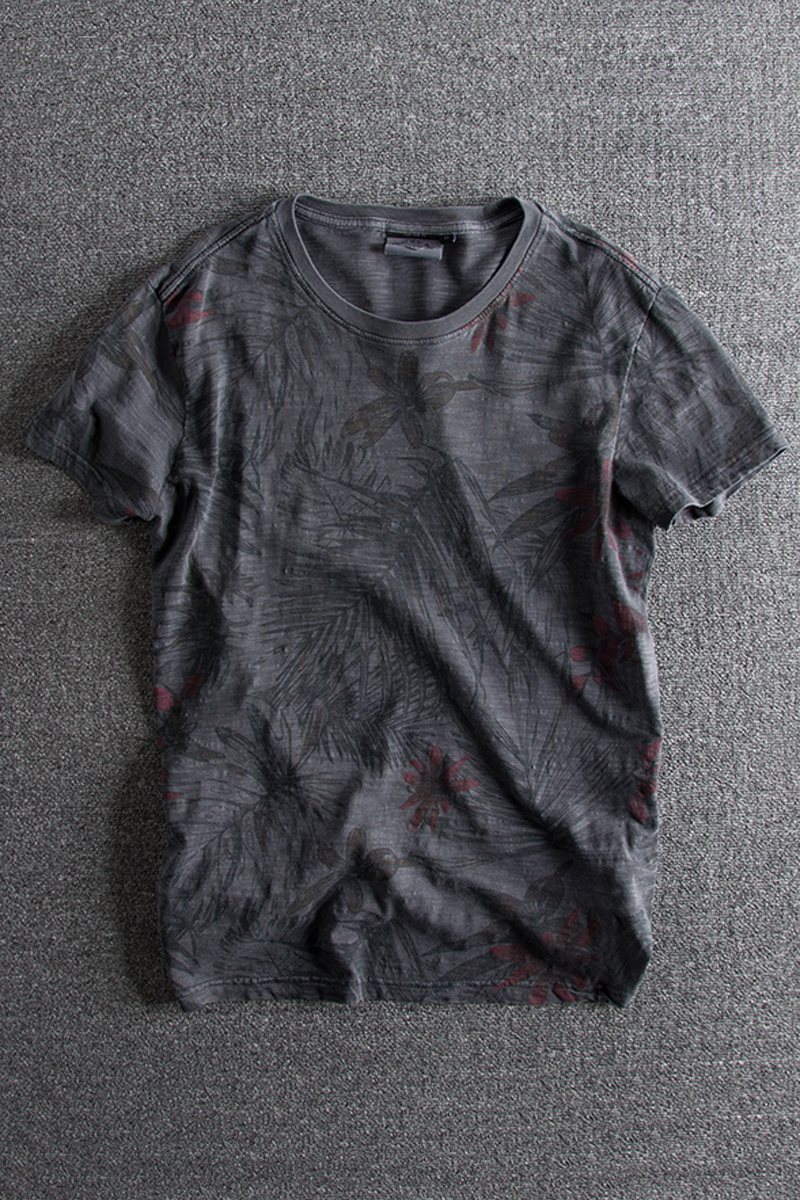 Men's T-Shirts Rewashed Vintage Beach Leaf Print Full Match Fashion Men's Summer Round Neck Short Sleeve 100% Cotton T-shirt 230403