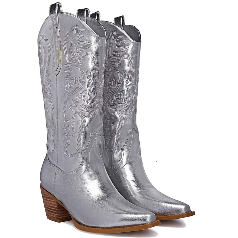 Boots Metallic Cowboy Boots Woman Western Boots For Women High Boots Zip Embroidered Pointed Toe Low Heel Female Shoes Big Size 35-43 230403