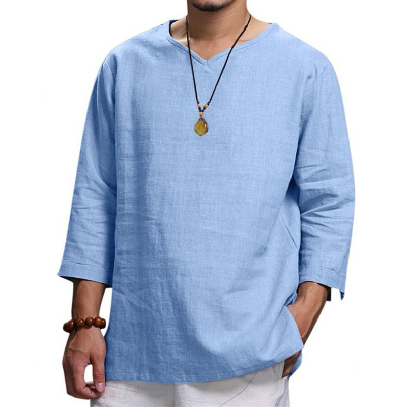 Men's T-Shirts Men's V-neck Cotton Linen T-shirt Men's Breathable Solid Color Long Sleeve Casual Sports Linen T-shirt Top M-4XL 230403