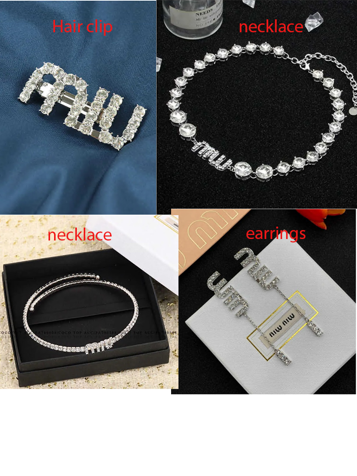 Designer mius Jewelry set Hair clip Necklace Earrings Miu's Letter Collar Necklace is of diamonds famous ladies' style inlaid small collarbone
Designer mius Jewelry set Hair clip Necklace Earrings Miu's Letter Collar Necklace is of diamonds famous ladies' style inlaid small collarbone