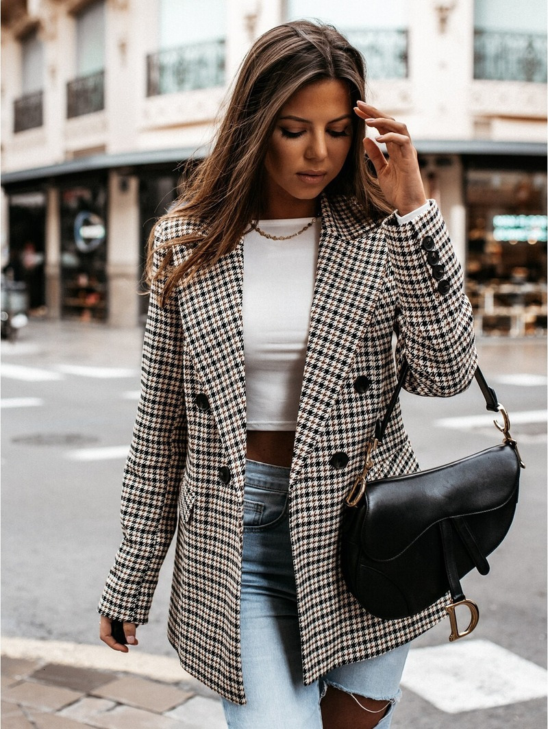 Women's Suits Blazers Plaid Blazer Jacket Women Spring Autumn Long Sleeve Casual Slim Blazers Khaki Woman Coats Fall Elegant Office Suit Coat 230