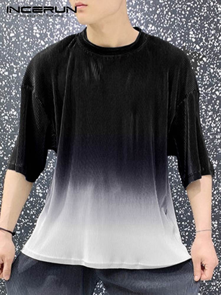 Men's T-Shirts INCERUN Fashion Men's T-Shirt O-Neck Half Sleeve Tie Dye Gradual Relaxed Men's Clothing Folding Casual Camisetas S-5XL 2