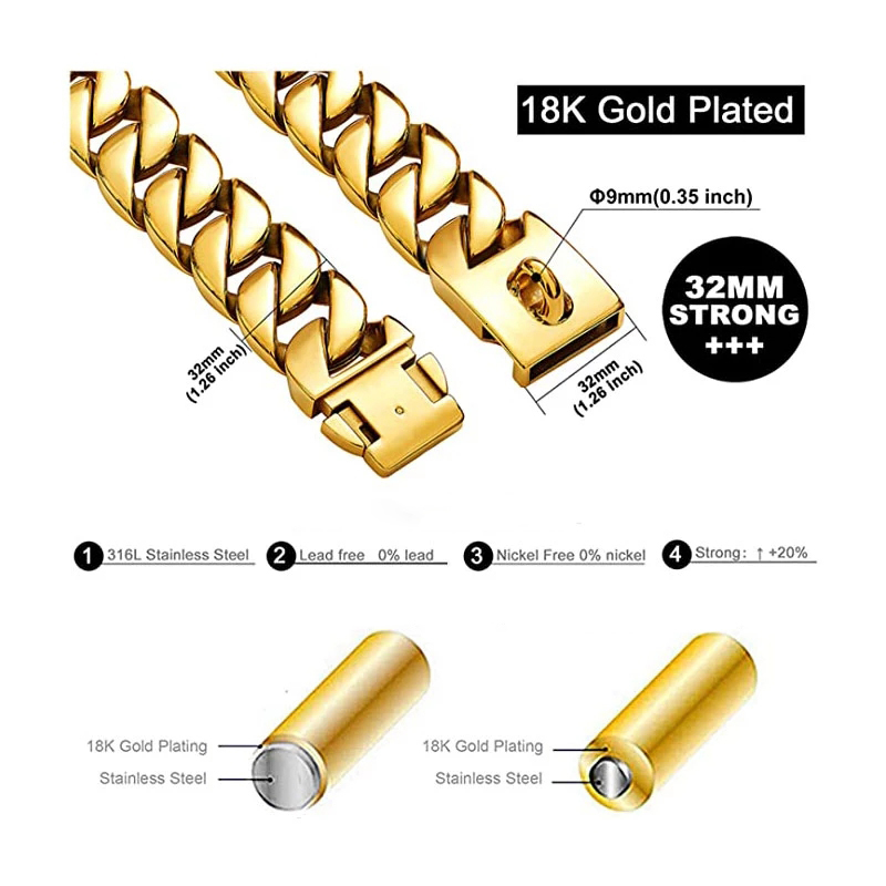 Dog Collars Leashes Strong Golden Choker Pets s Cuban Link Chain 32mm Width Stainless Steel for Medium Large Bulldog Usage 230403