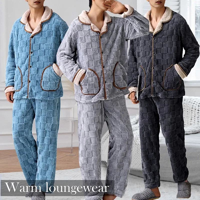 Men's Sleepwear Men Warm Flannel Autumn Winter Pajamas Turndown Collar Longsleeved Trousers Twopiece Set Loose Comfortable Suit 231102Z