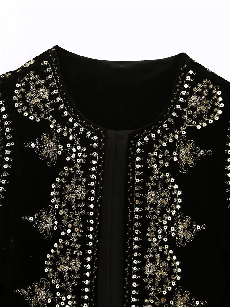 Women's Vests TRAF Women's Sleeveless Embroidered Velvet Tank Top Women's Tank Top Autumn Short Sleeve Jacket Open Front Sequin Women&#