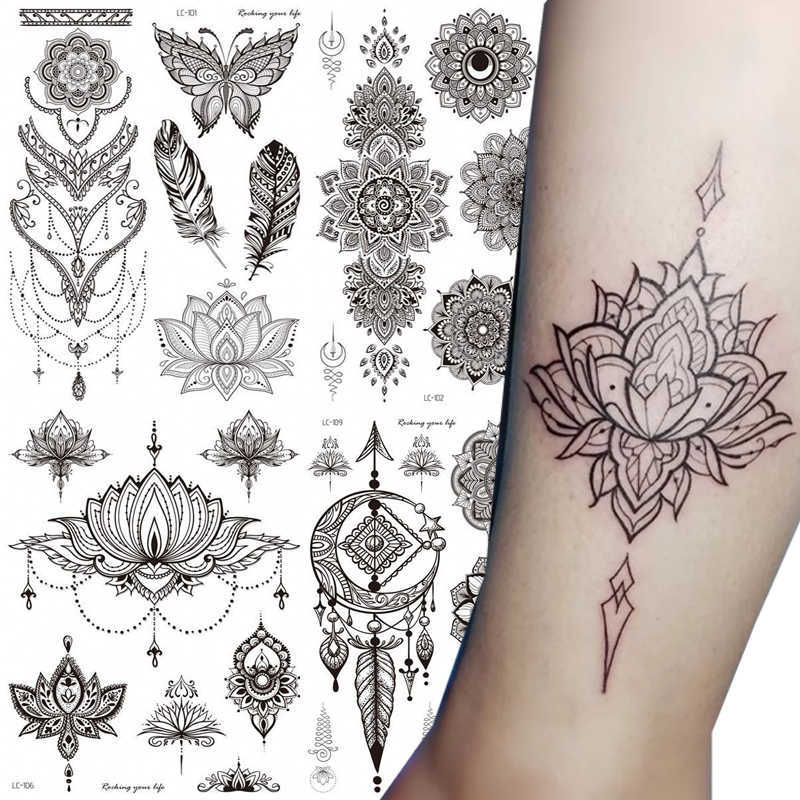 Temporary Tattoos Women Waterproof Temporary Tattoo Sticker Mandala Flower Tattoos Rose Peonies Body Art Water Transfer Clavicle Temporary Tattoo Z040