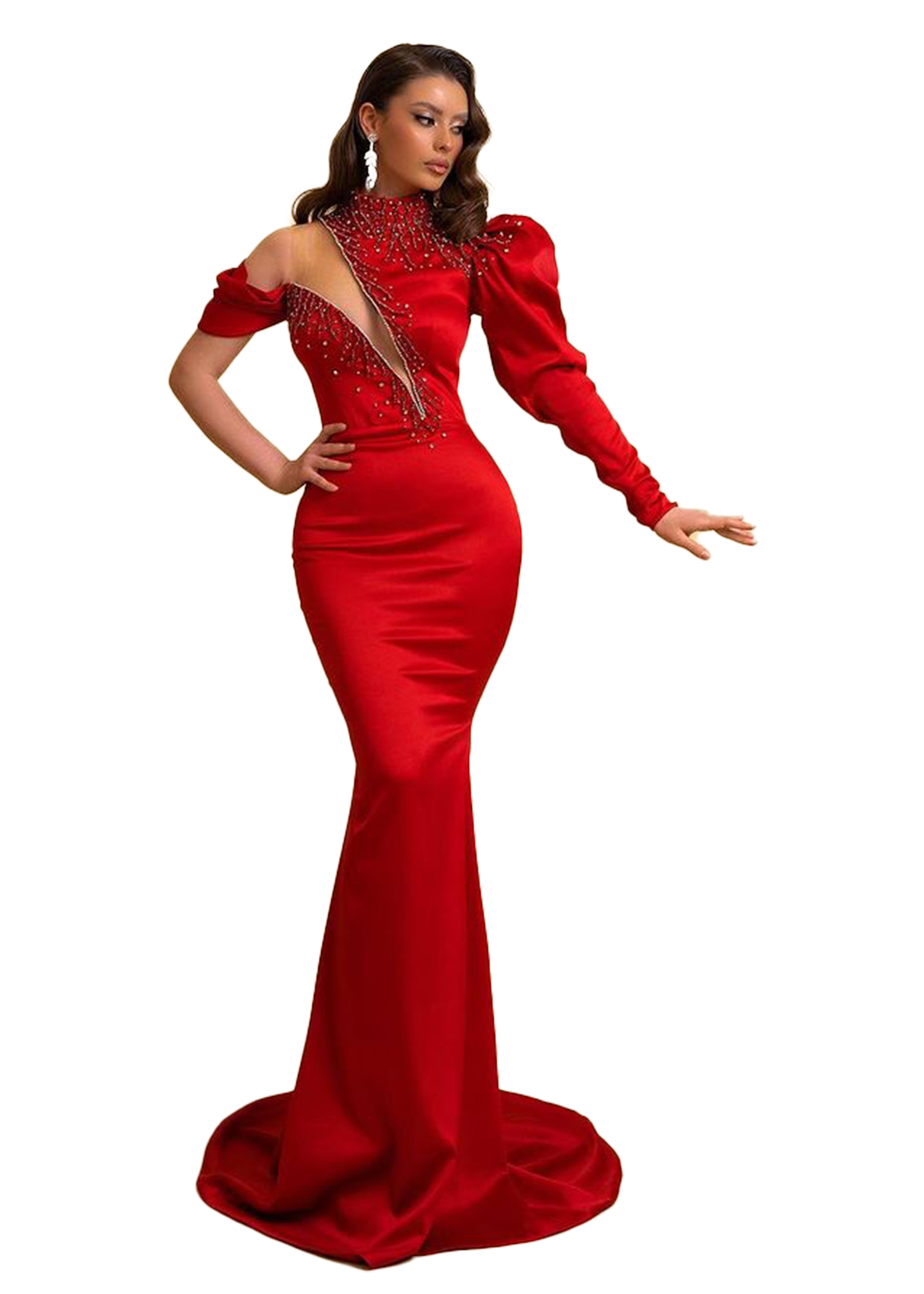 Mermaid Elegant Red Evening Dresses For Women High Jewel Neck Beadings Formal Ocns Pageant Birthday Party Prom Celebrity Gowns Second Reception Dress 