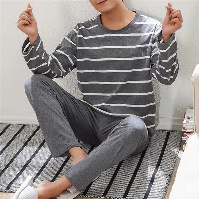 Men's Sleepwear 6 Colors Stripe Lattice Letter Print Men Top Pants Nightwear Set Soft Oneck Long Sleeve Sleeping Resting Home Party Pajama 231102