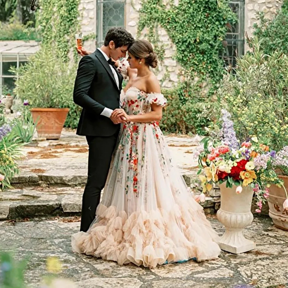 Tulle Champagne Bloom wer Bridal Gowns, Fairy Colorful Puffy Off Shoulders Mesh Wedding Dress