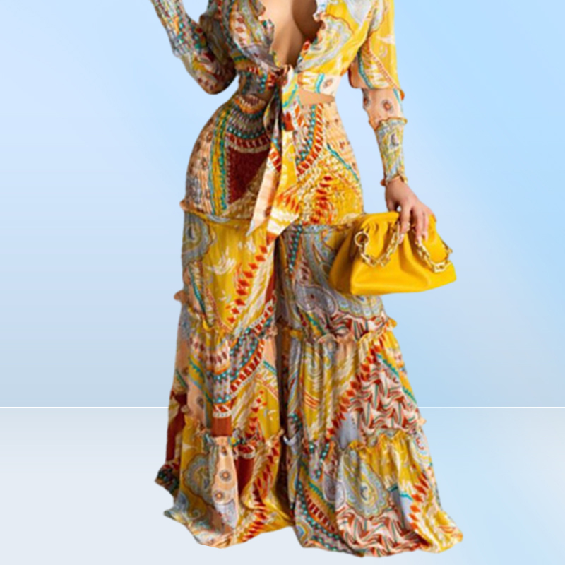 Women039s Two Piece Pants Elegant Ruffles Classy Suits Women Long Sleeve Tie Front Blouse Shirt Ruched Wide Leg Loose Set3162710