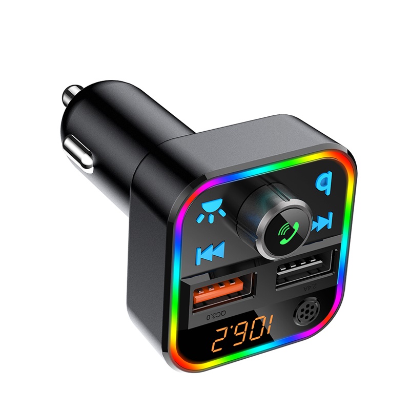 Car Bluetooth Phone Power Bank FM Transmitter Kit QC3.0 & 7 Color LED Backlight Radio Hands-Free Car Kit With SD Card Slot