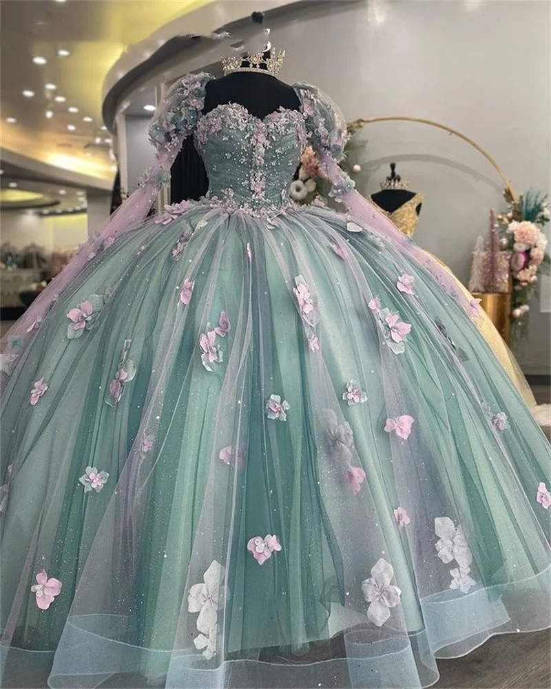 Princess Sweetheart Ball Gown Quinceanera Dresses Beaded Celebrity Party Gowns D Flowers Graduation Lantern Sleeve Vestido De S