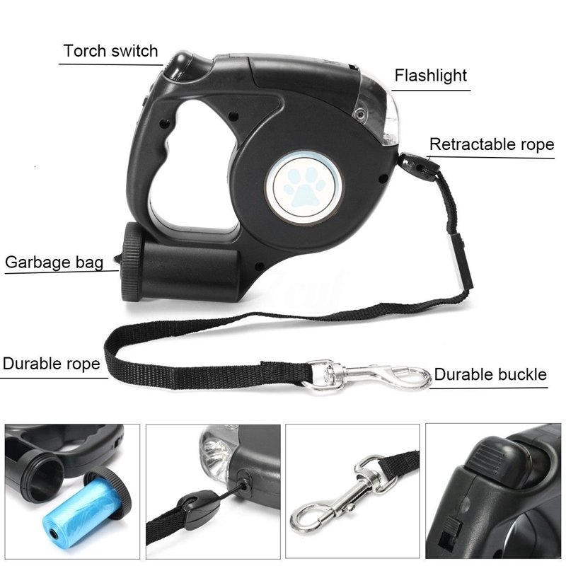 Dog Collars Leashes LED Flashlight Automatic Retractable Roulette Lead Extendable Traction Rope with Garbage Bag Accessories 230403