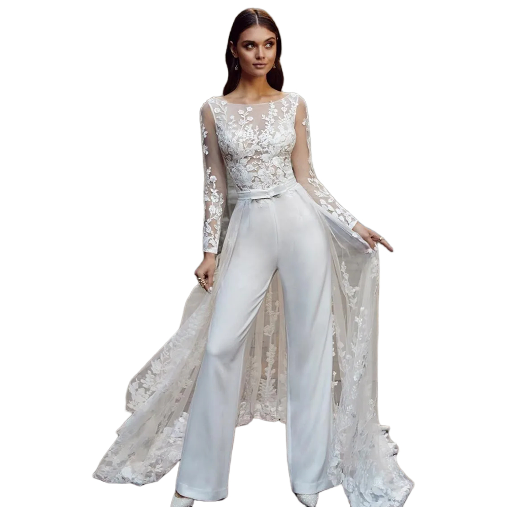 2023 Long Sleeves Bride Jumpsuits Wedding Dress With Detachable Train Lace Appliques Backless Sexy Beach Bridal Gowns 2023 Country Vestido De Novia