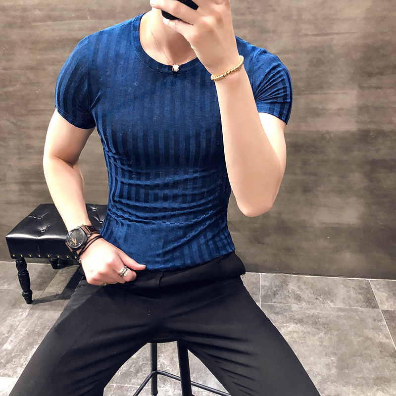 Men's T-Shirts Summer Men's T-Shirt Korea Ultra Thin Fashion Round Neck Half Sleeve Solid Bottom Striped T-Shirt 230403