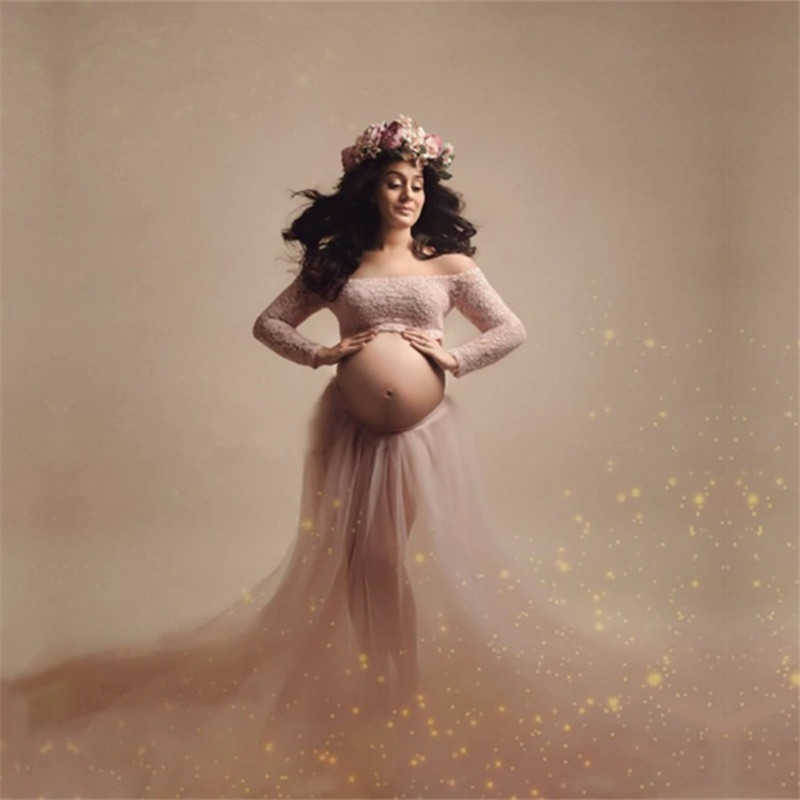 Maternity Dresses Sexy Maternity Photoshoot Dress Woman Lace Tops Tulle Skirt Pregnancy Photography Sets For Pregnant Women Baby Shower Maxi Gown Z040