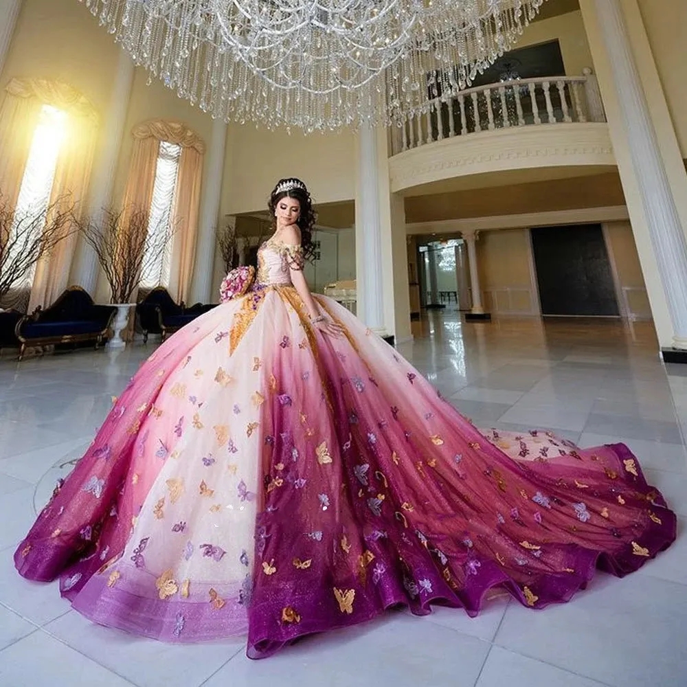 3D Colorful Butterfly Quinceanera Dresses Ball Gown 2024 Off The Shoulder Lace Sweet 16 Vestidos De 15 Anos 0212D