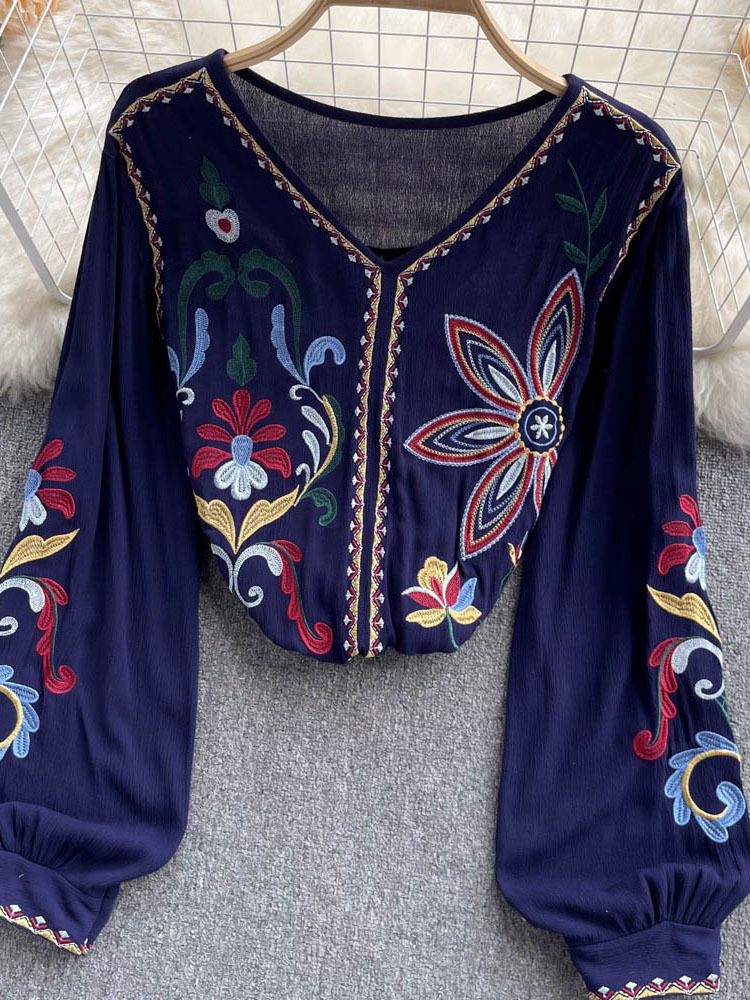 Women s Blouses Shirts Bohemian Blouse Embroidered Top Spring Summer V neck Loose Lantern Sleeves Ethnic Cotton Linen Shirt Female Blusa D1105 230403