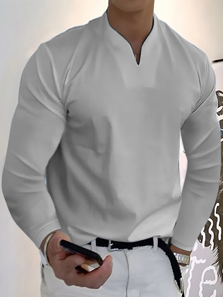 Men's T-Shirts Spring Autumn Long Sleeve Slim Fit T-shirt Men's Casual Day T-shirt Men's V-neck Solid Fashion Drawn T-shirt Top 230403