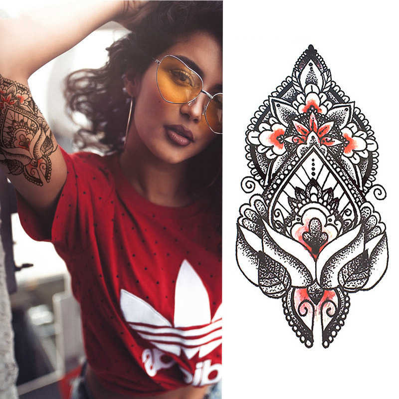 Temporary Tattoos 1 Pieces Compass Arrows Hot Black White Large Flower Henna Temporary Tattoo Black Mehndi Style Waterproof Tattoo Sticker Z0403