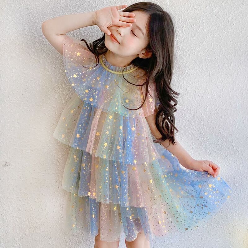 Girl's Dresses Girls Dress Children's Clothing Fashion Rainbow Color Cake Dress Tutu Skirt Sequined Pentagram Unicorn Dress 230403
