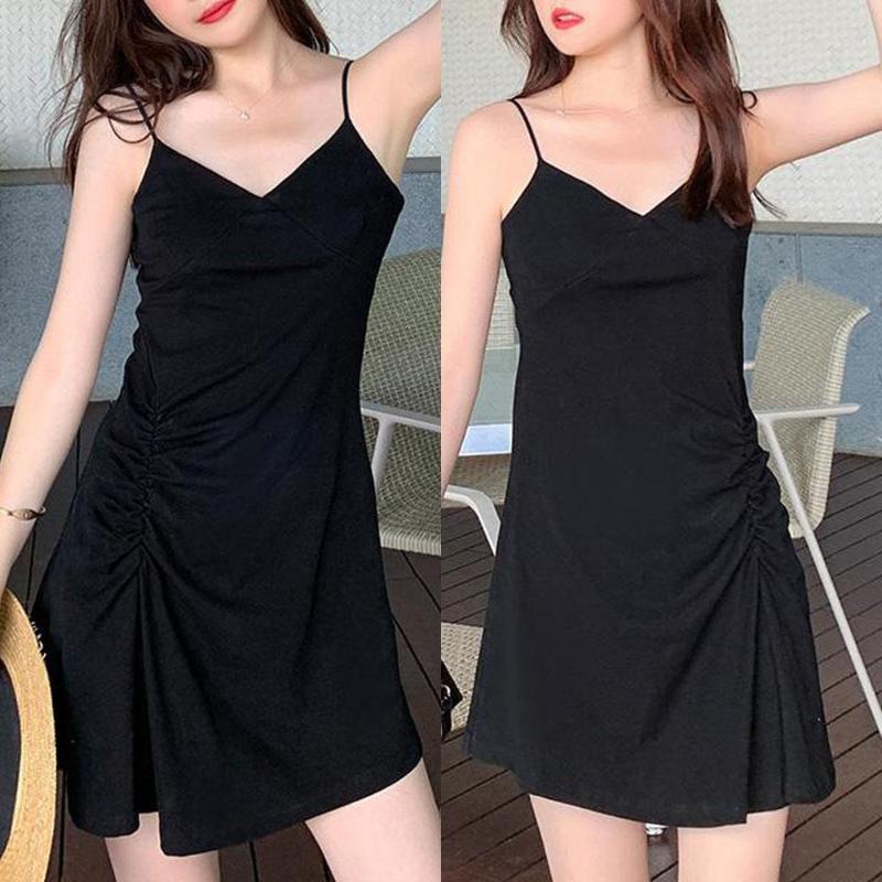 Casual Dresses Women Black French Retro Summer Suspender Dress Slim Waist Korea Sweet Mini Elegant Beach Party Club
