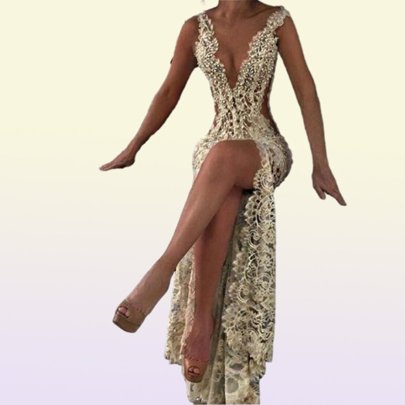 Lace Deep V Neck Evening Gowns Sparkly Beaded Sheer Backless Mermaid Prom Dresses See Through Sweep Train Party Vestidos Custom Ma