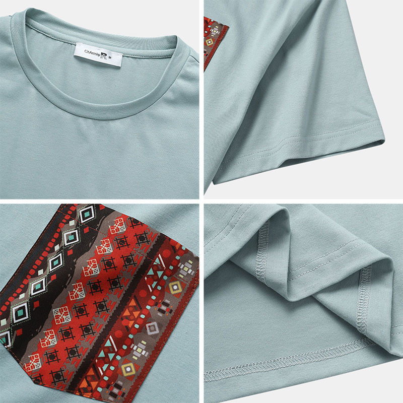 Men's T-Shirts Charmkpr Tops Men's Solid Short Sleeve T-Shirt Casual Street Men's Ethnic Print Pocket Camiseta S-2XL 230403
