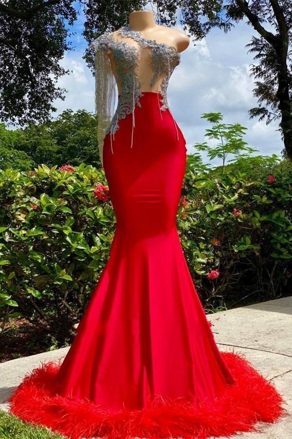 Red Prom Dresses With Tassel Sexy One Shoulder Beads Crystals Feather K Open Back Evening Party Gowns For Teens Graduation Wears Custom Made BC 0927