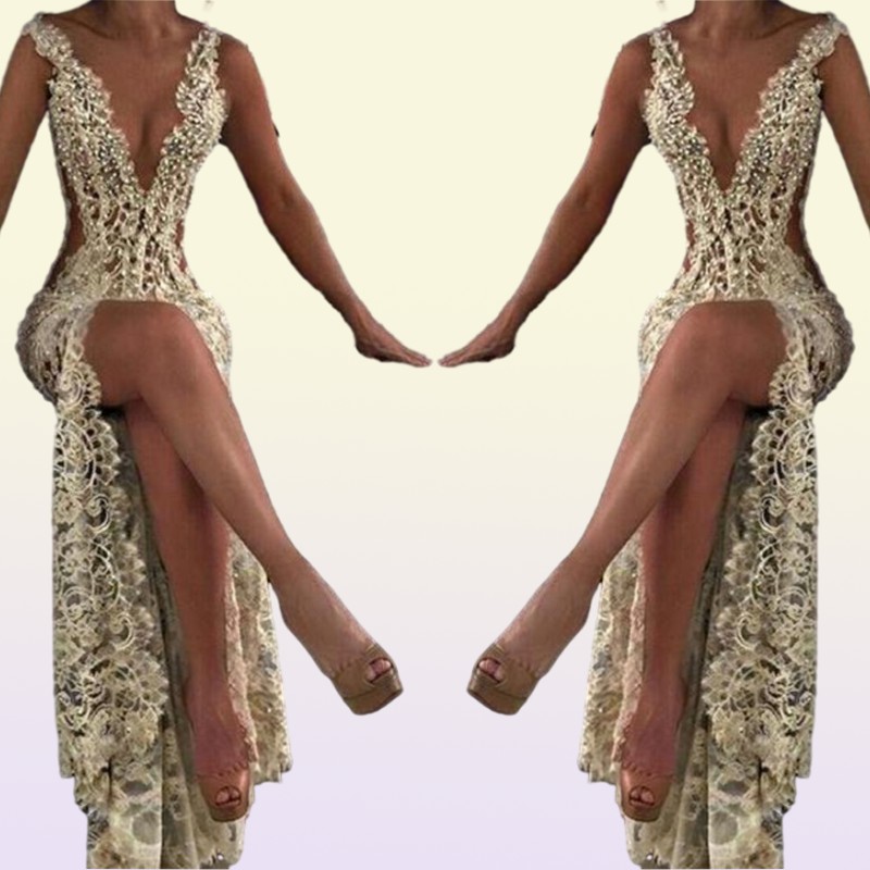 Lace Deep V Neck Evening Gowns Sparkly Beaded Sheer Backless Mermaid Prom Dresses See Through Sweep Train Party Vestidos Custom Ma