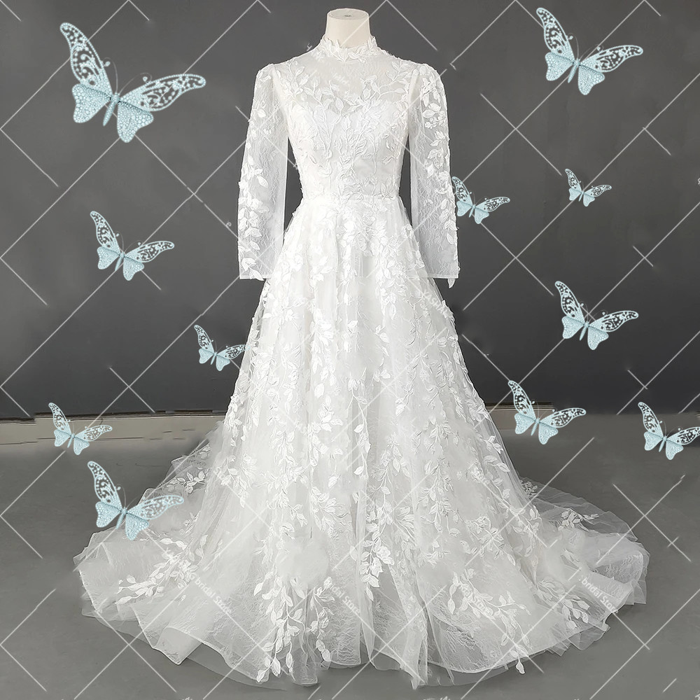 Ral High Neck Romantic Wedding Gown Long Sleeves Bridal Gowns Plus Size Vestidos De Novia Custom Made Lace 6660312