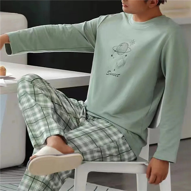 Men's Sleepwear 6 Colors Stripe Lattice Letter Print Men Top Pants Nightwear Set Soft Oneck Long Sleeve Sleeping Resting Home Party Pajama 231102
