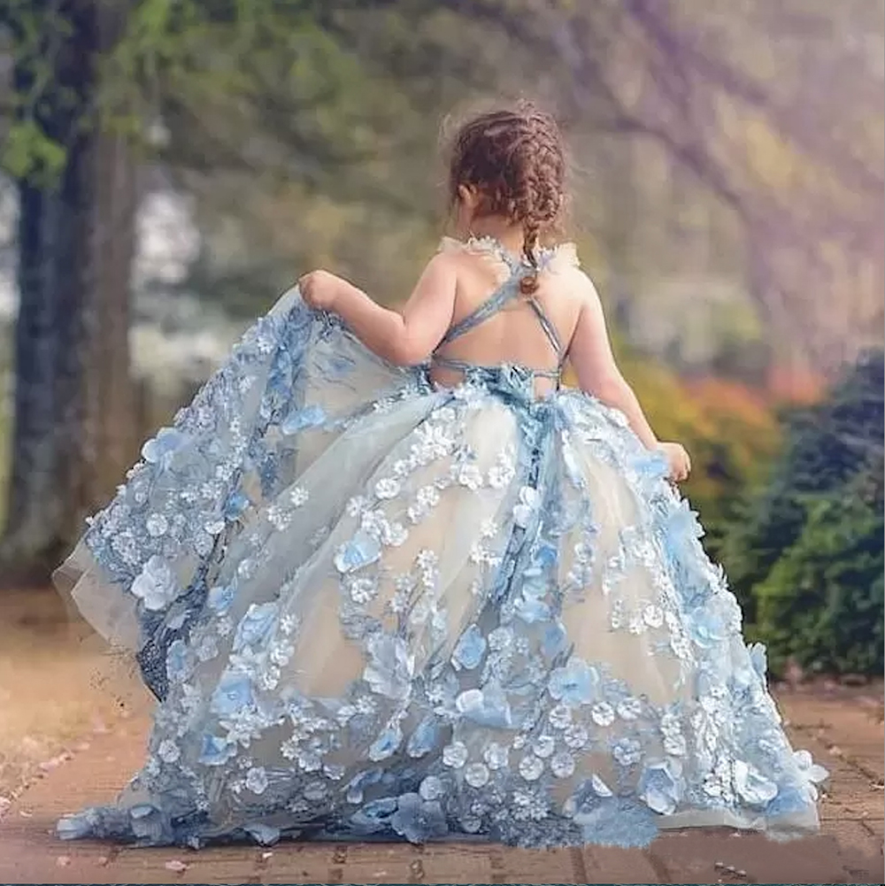 Pretty Ball Gown Princess Flower Girl Dresses For Wedding 3D Floral Appliqued Toddler Pageant Gowns Floor Length Puffy Tulle Kids Prom Dress 0431
