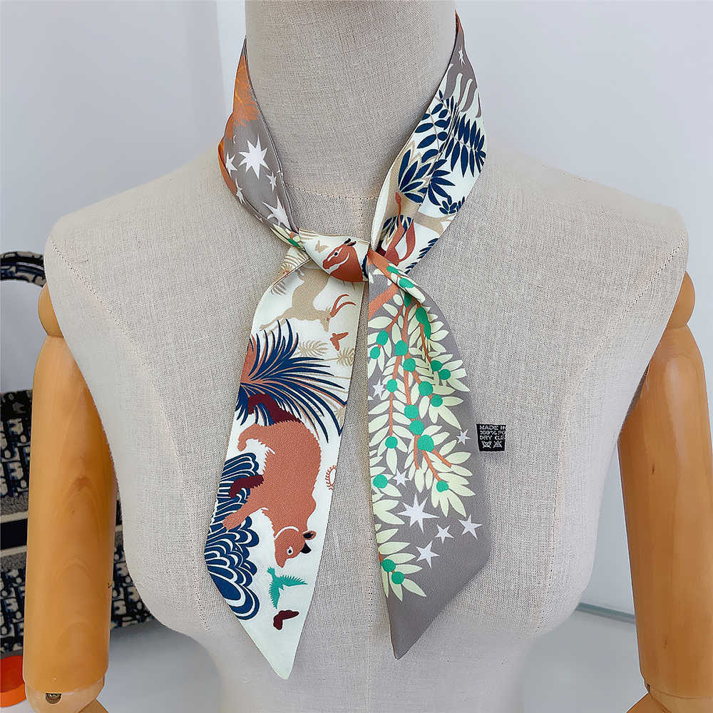 Sarongs New Fashion All-match Korean Version Mayan Jungle Animals silk scarf Twill Long Strip Small Scarf Tie Bind a bag Ribbon Streamer P230323