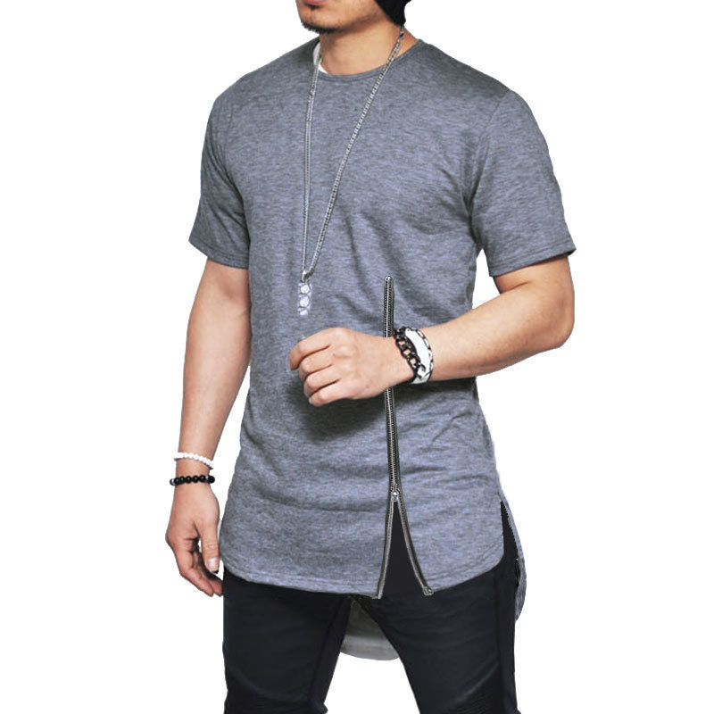 Men's T-Shirts Men's Short Sleeve Medium Zipper T-shirt Hip Hop Solid Street Apparel T-shirt Side Sewn T-shirt Men's Long Swing Hem Fun