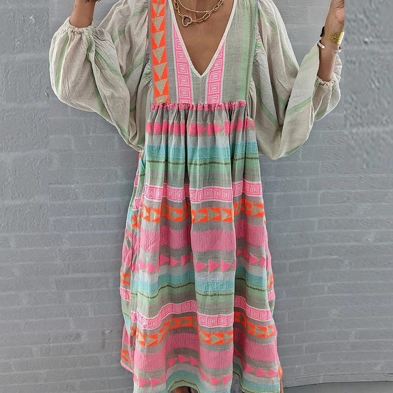 Casual Dresses Women Retro Loose Long Sleeve V-Neck Party Dress Casual Female Beach Maxi Dress Spring Fashion Boho Print High Street Dress 230331