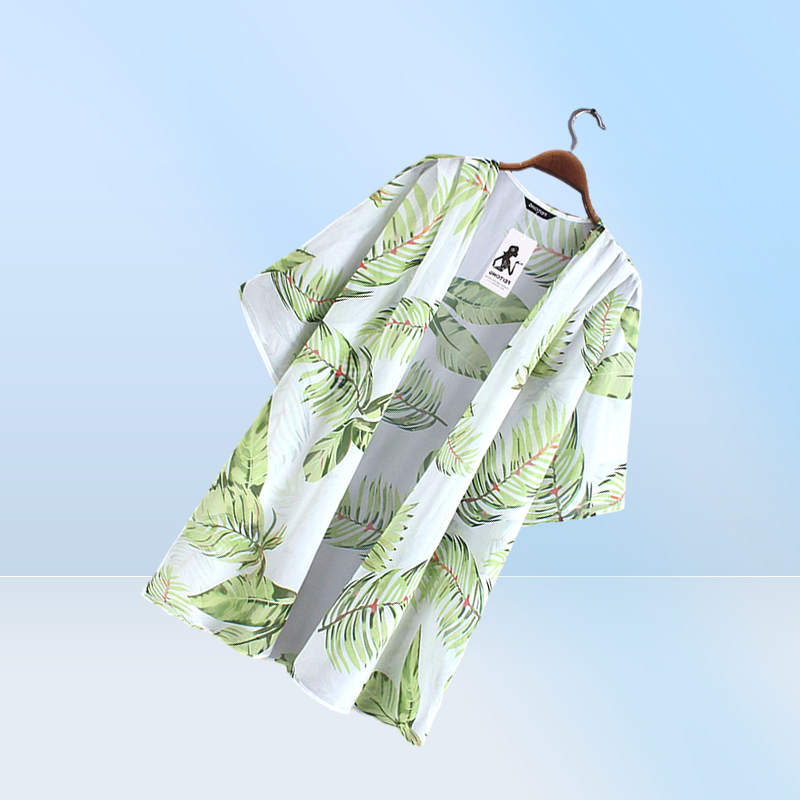 Casual Leaves Print Chiffon Kaftan Beach Cover Up Cardigan Shawl Swimwear Women Summer Swimsuit Pareos Cape Saida De Praia3858705