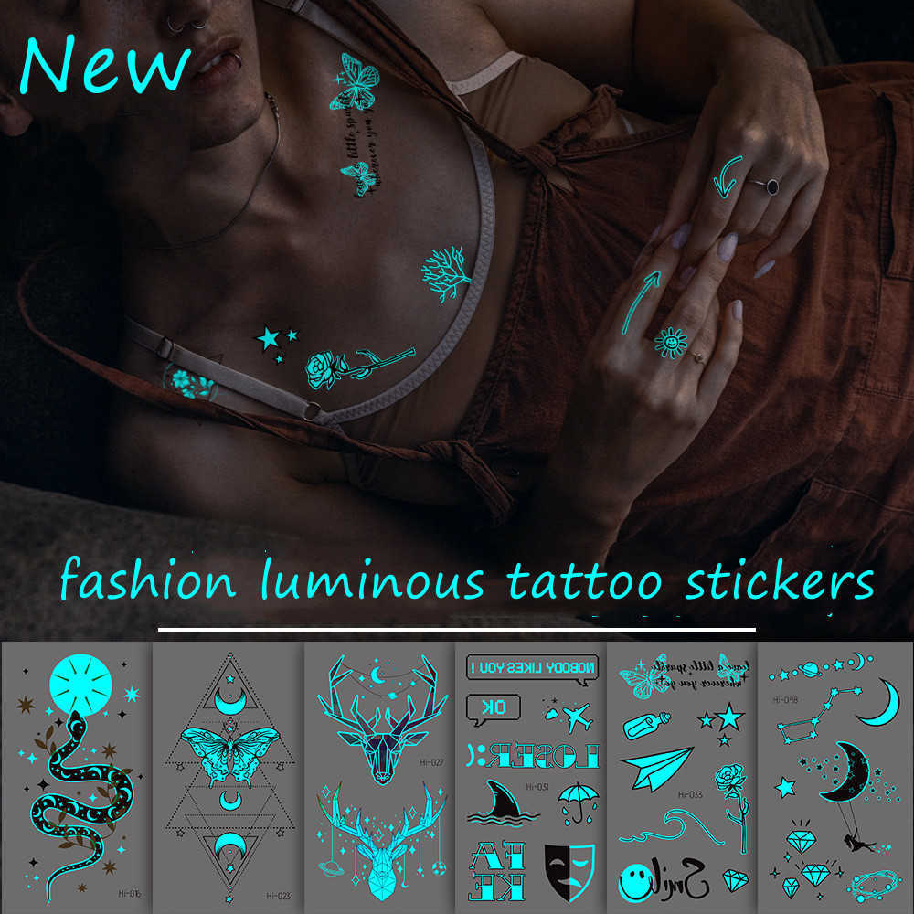 Temporary Tattoos Luminous Tattoo Stickers for Women Arm Face Glowing Tattoos Body Art Tattoos Snake Butterfly Electric Syllable Party Tattoo 2022 Z04