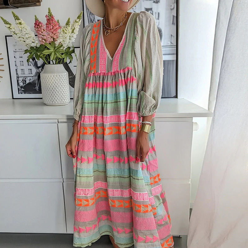 Casual Dresses Women Retro Loose Long Sleeve V-Neck Party Dress Casual Female Beach Maxi Dress Spring Fashion Boho Print High Street Dress 230331