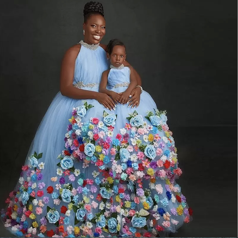 Blue Flower Light Girl Dress For Weddings Jewel Neck D Floral Beading Tulle Birthday Gowns Pageant First Communion Wear