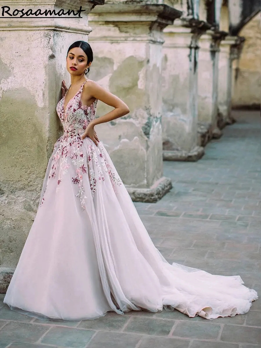 Colorful Wedding Dresses Lace Backless A-E V-Neck Sleeveless Country Bridal Gowns 6660312