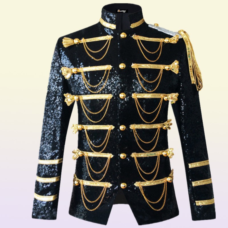 Men Court Jacket Singer Dancer Sequins Metal Chains Military Uniform male Stand Collar Stage Blazer Prom Party Shining Coat Bar Star Concert Nightcb C