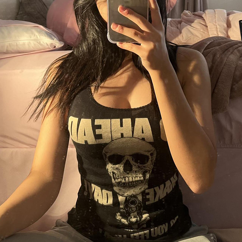 Women s Tanks Camis Y2K Aesthetic Women Vintage Black Vest Harajuku Skull Print Tank Top Hip Hop Rock Punk Style Sleevless Skinny Cropped Clothes 2304