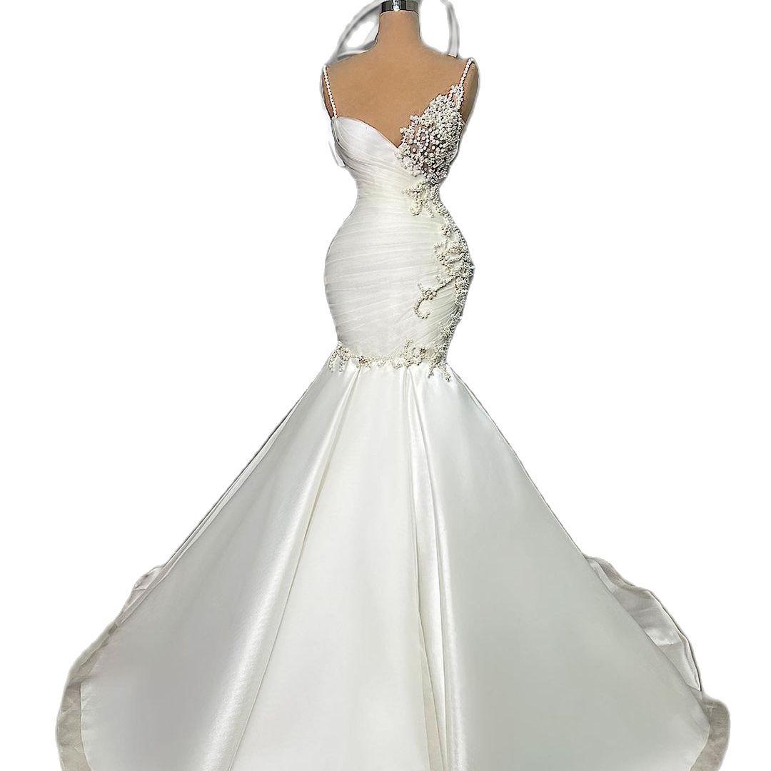 Fashion Spaghetti Straps Mermaid Wedding Dresses Sexy V Neck Bridal Gowns Custom Made Pearls Beading Dress Vestido De Novia