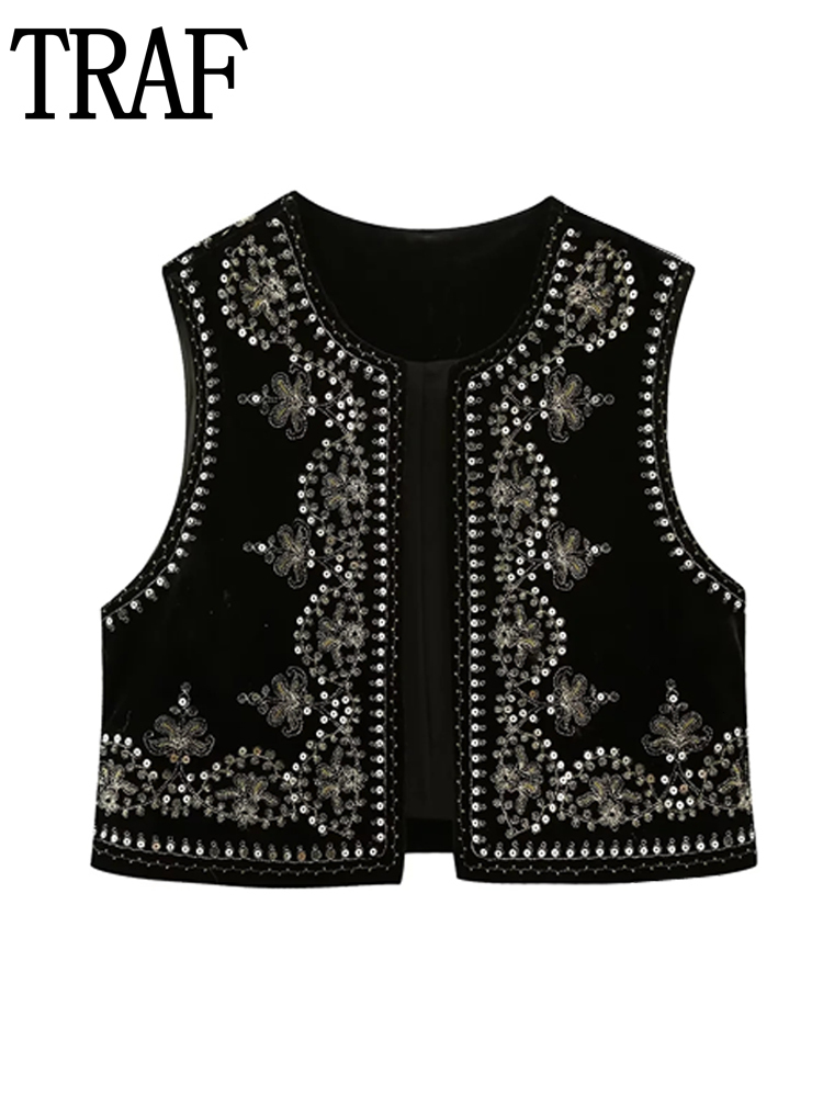 Women's Vests TRAF Women's Sleeveless Embroidered Velvet Tank Top Women's Tank Top Autumn Short Sleeve Jacket Open Front Sequin Women&#