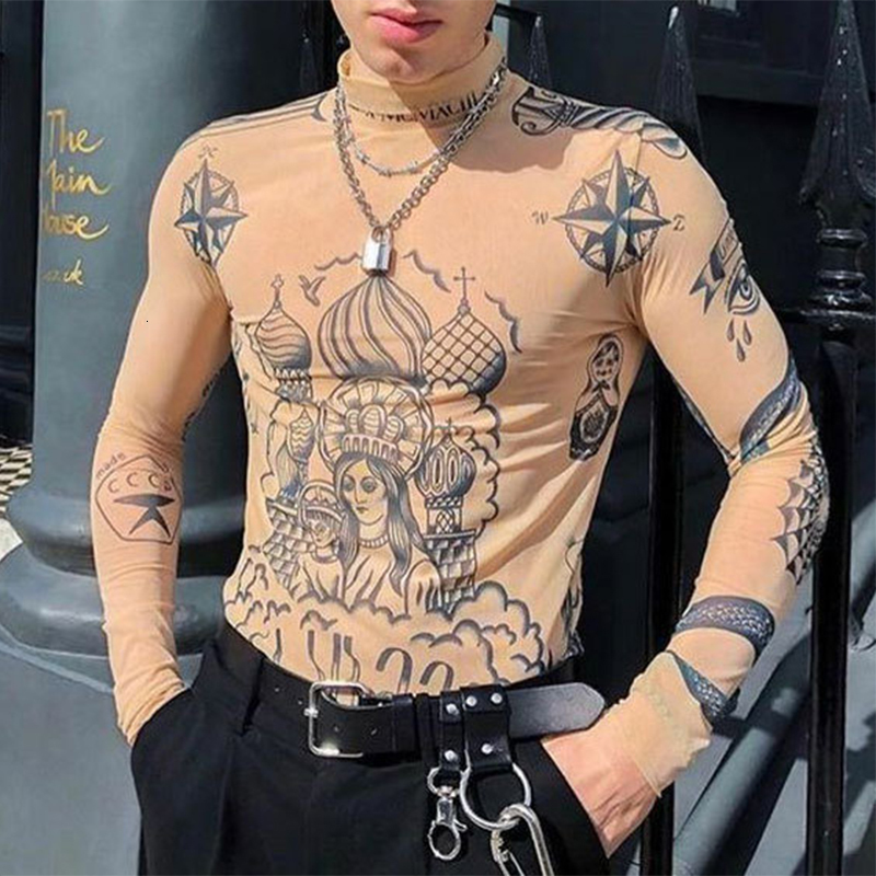 Men s T Shirts Y2K Men T Shirt Streetwear Spring Autumn Fashion Pattern Print Slim Fit Tees For Mens Trend Long Sleeve Turtleneck Pullover Tops 230403