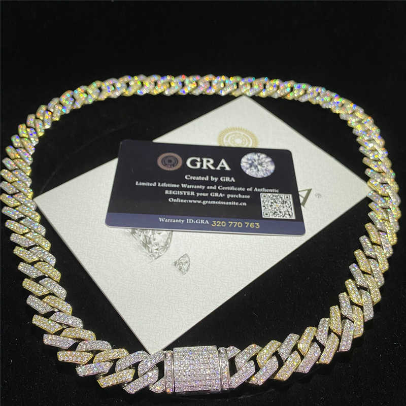 14mm Two Tone Vvs Necklace Sterg Sier Hip Hop Jewelry Moissanite Dia Cuban k Chain