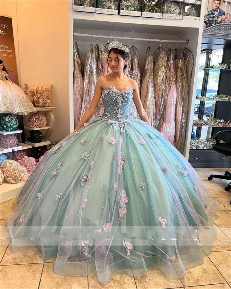 Princess Sweetheart Ball Gown Quinceanera Dresses Beaded Celebrity Party Gowns D Flowers Graduation Lantern Sleeve Vestido De S