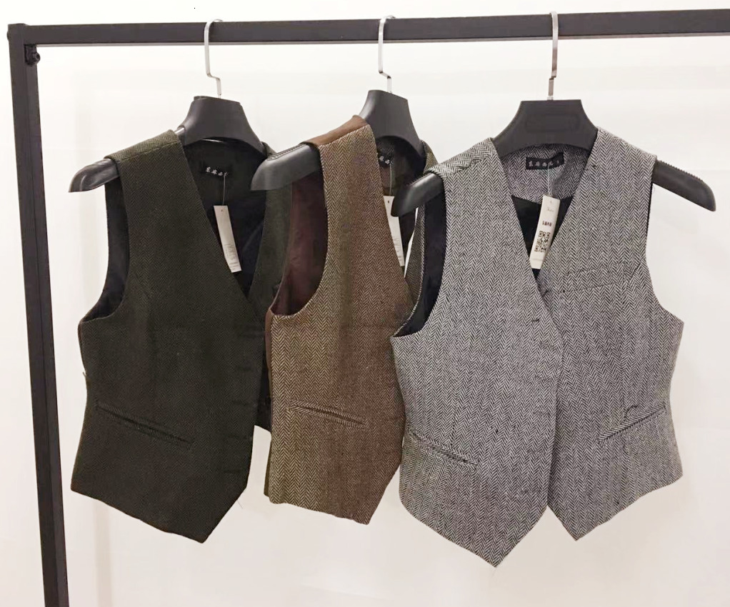 Women's Vests Spring Suit Vest Ladies Waistcoat Short Jacket Casual Ol Coat Women 3xl Single-breasted woolen herringbone pattern pocket t 230403